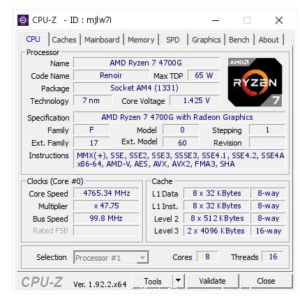 AMD Ryzen 7 4700G 全核心超上4.75 GHz